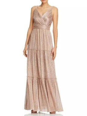 AQUA Rose Gold Metallic Pleated Tiered V-Neck Gown Maxi Dress Size 4